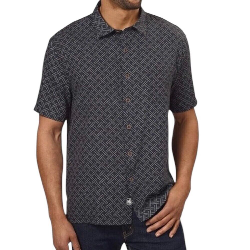 Nat Nast Silk Blend Navy Patterned Short Sleeve Button Up Shirt Mens Size L
